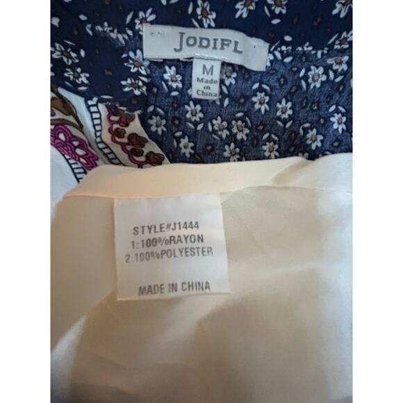 Jodifl Navy Patterned Dress Bib Front, Puff Sleeves, V-Neck Size M Boho Floral - Picture 6 of 8